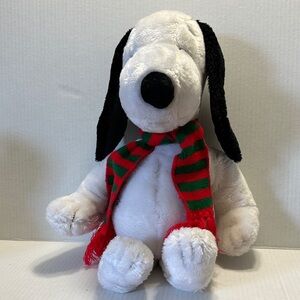 Adorable Black and White Plush Dog with Striped Scarf